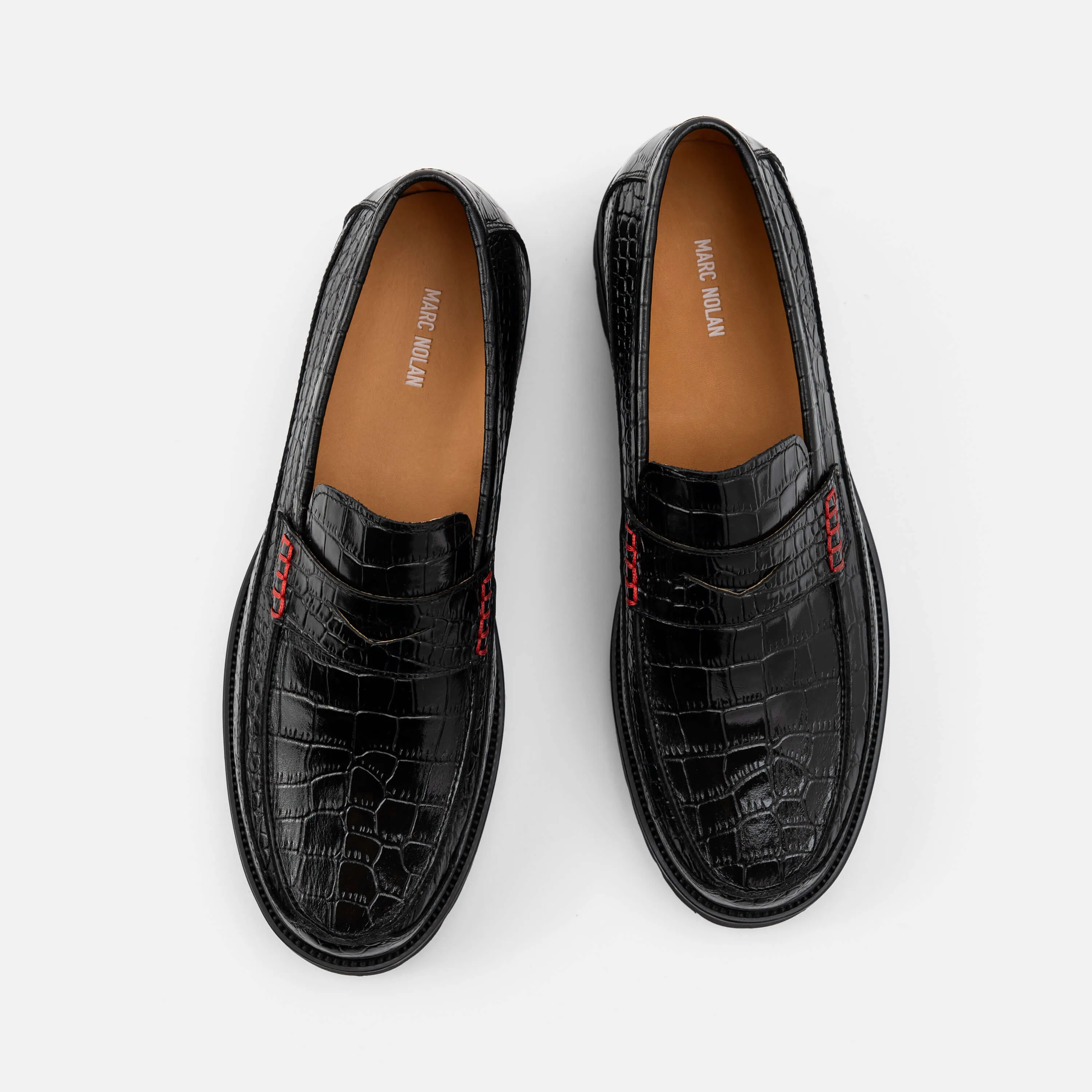 Adler Black Croc Leather Lug Penny Loafers