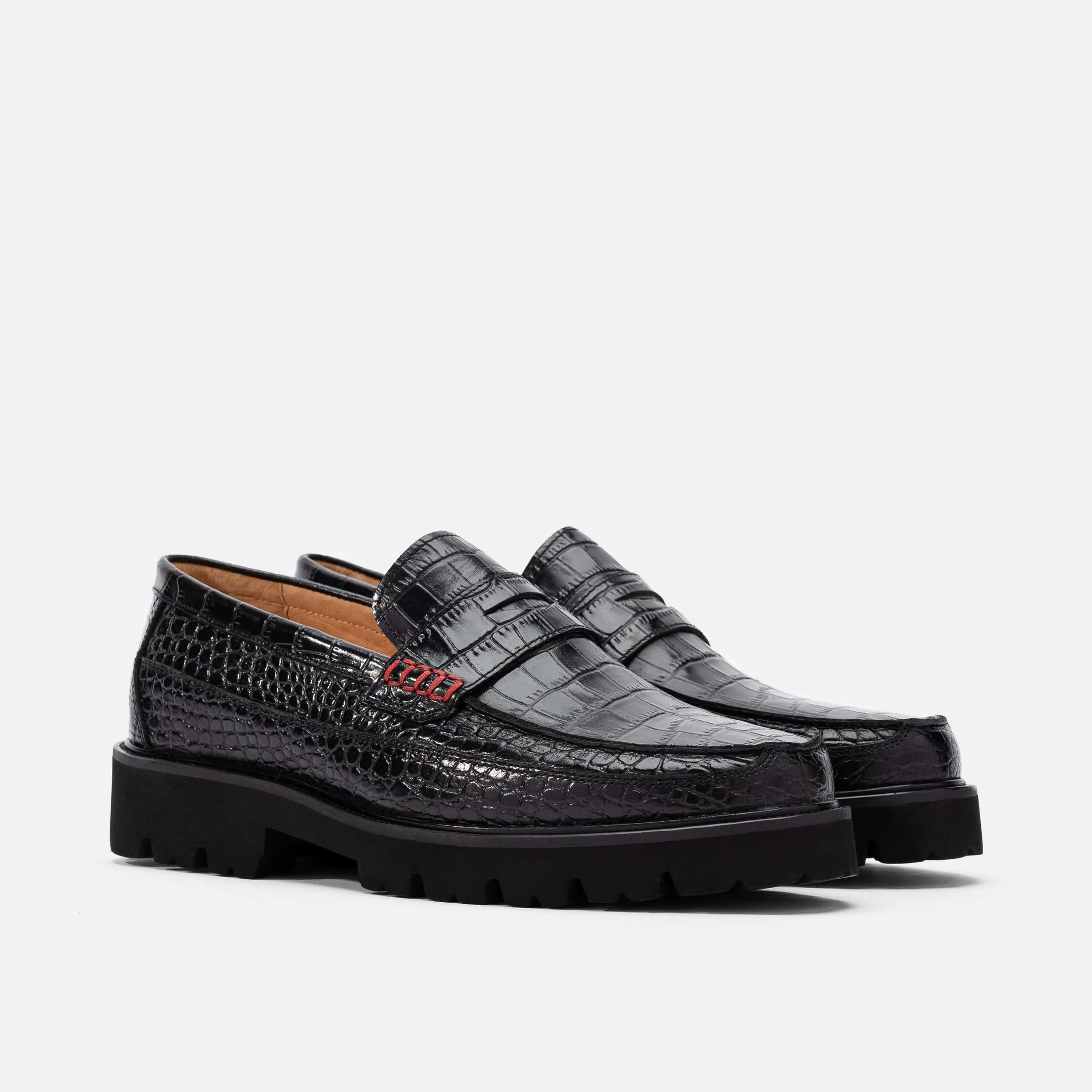 Adler Black Croc Leather Lug Penny Loafers