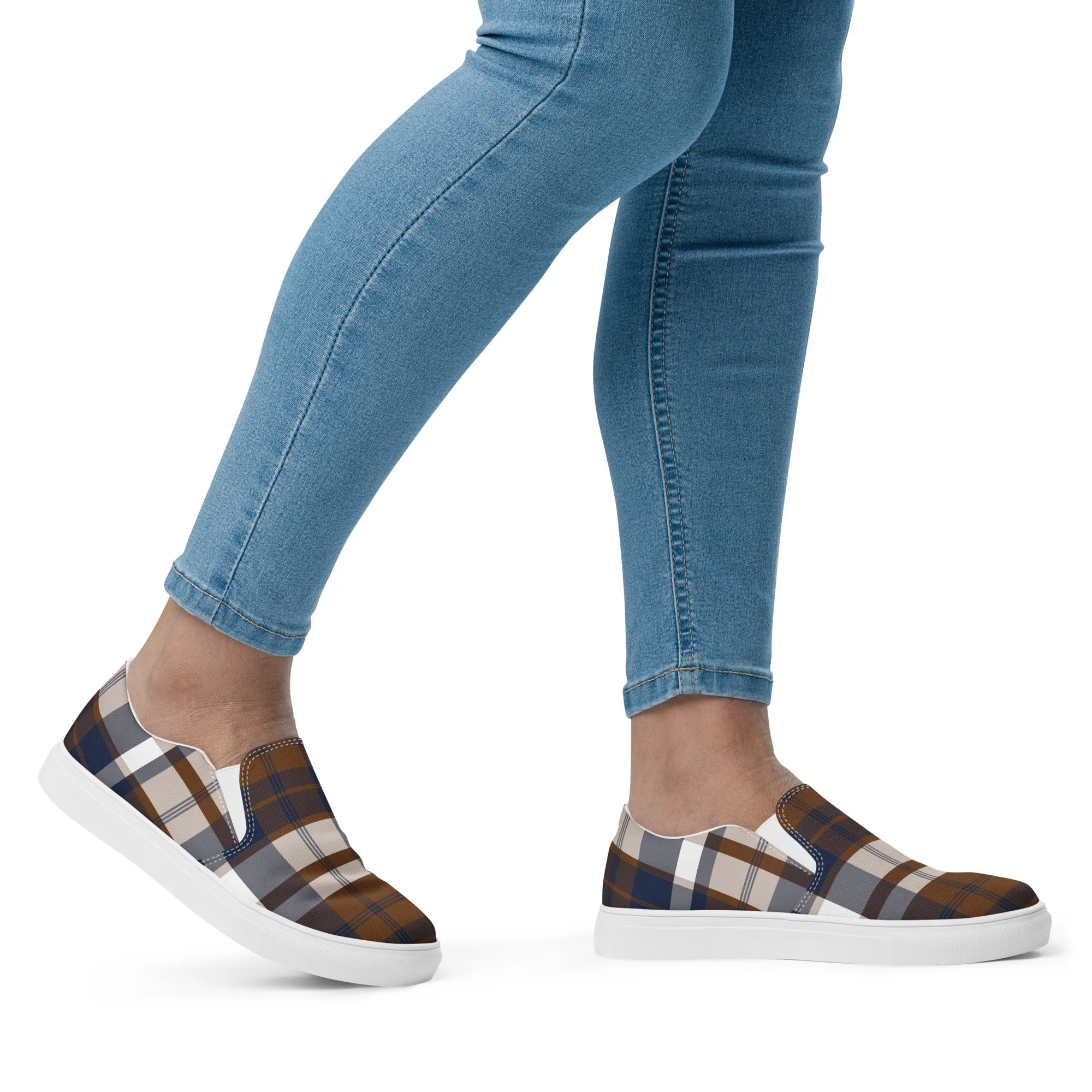 Brown and Navy Blue Preppy Surfer Plaid Women's Slip On Canvas Shoes