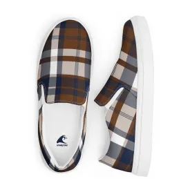 Brown and Navy Blue Preppy Surfer Plaid Women's Slip On Canvas Shoes