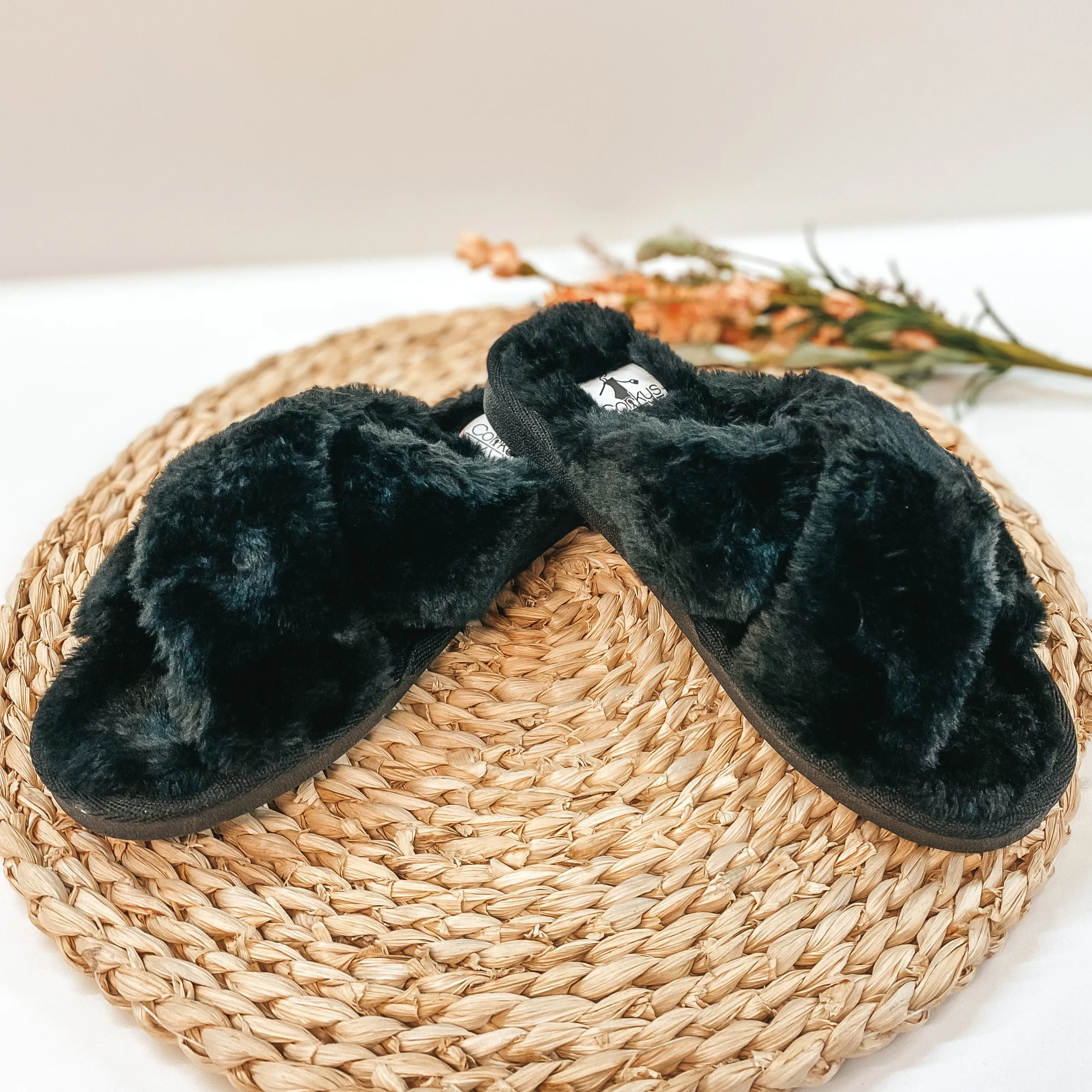 Corky's | Slumber Criss Cross Slide On Furry Slippers in Black