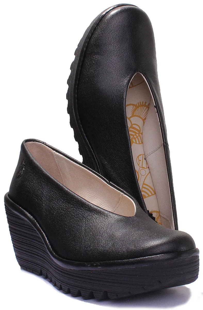 Fly London Yaz Leather Wedge Shoes In Black For Women