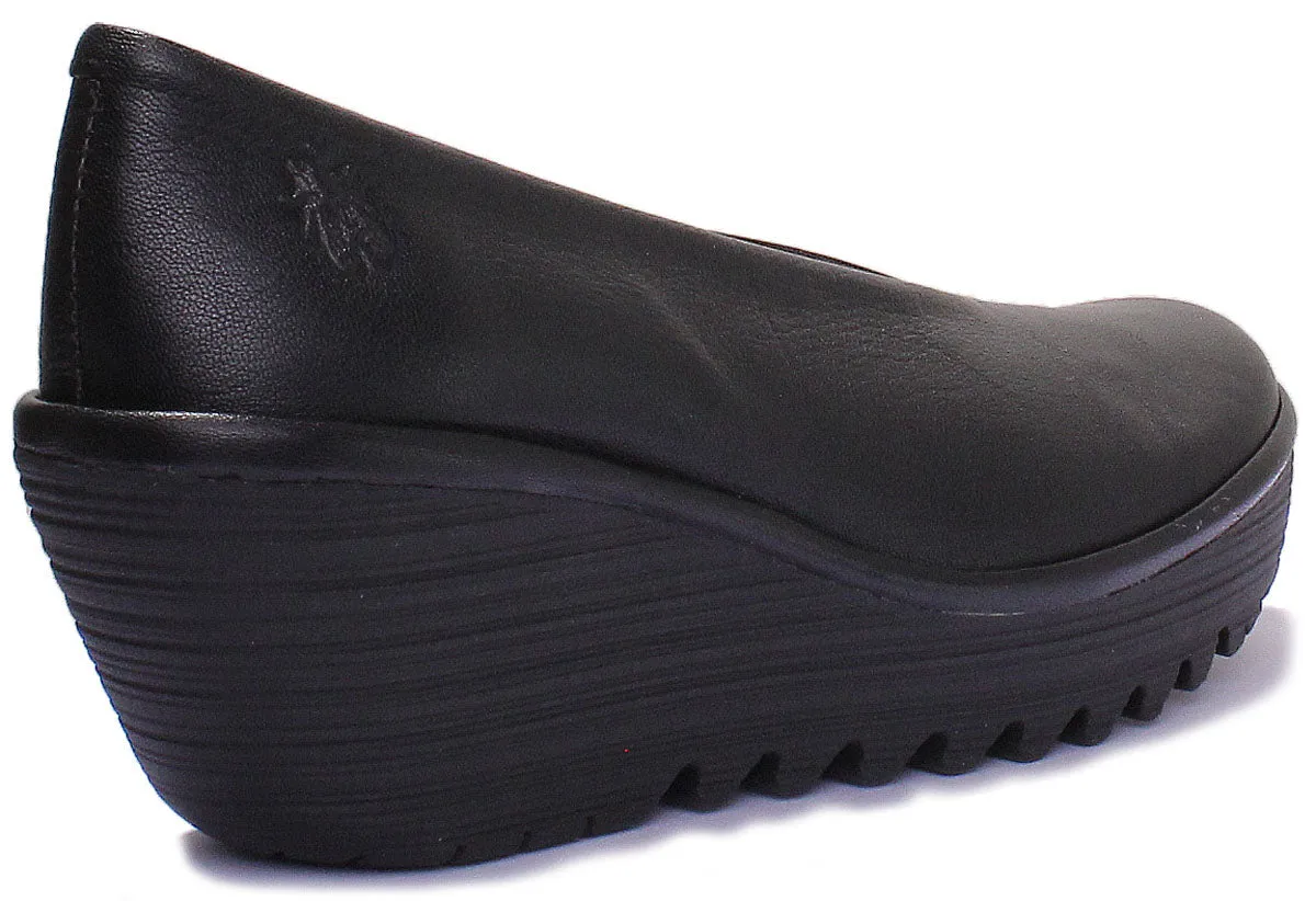 Fly London Yaz Leather Wedge Shoes In Black For Women