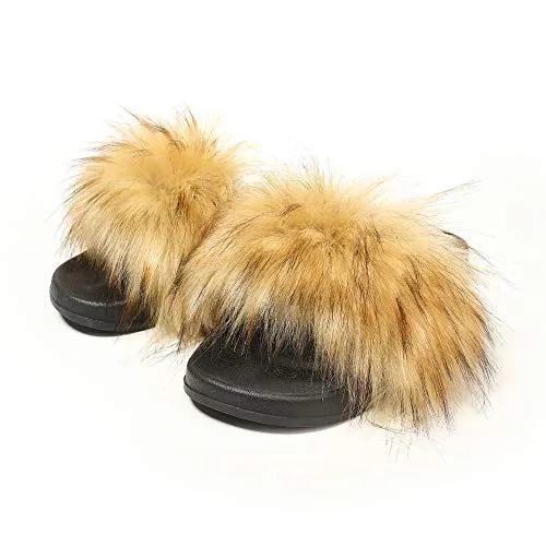 Fur Story ladies outdoor faux fur furry sandals (faux raccoon skin)