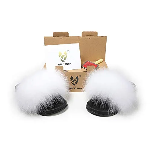 Fur Story Women's Fox Fur Slides Furry Slide for Outdoor Fluffy Sandals Open Toe Fur Slippers (White, 11)