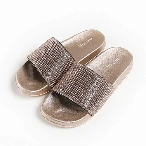 Fur Story Women's Slides Glitter Rhinestone Black Gold Silver Sandals (Low Gold )