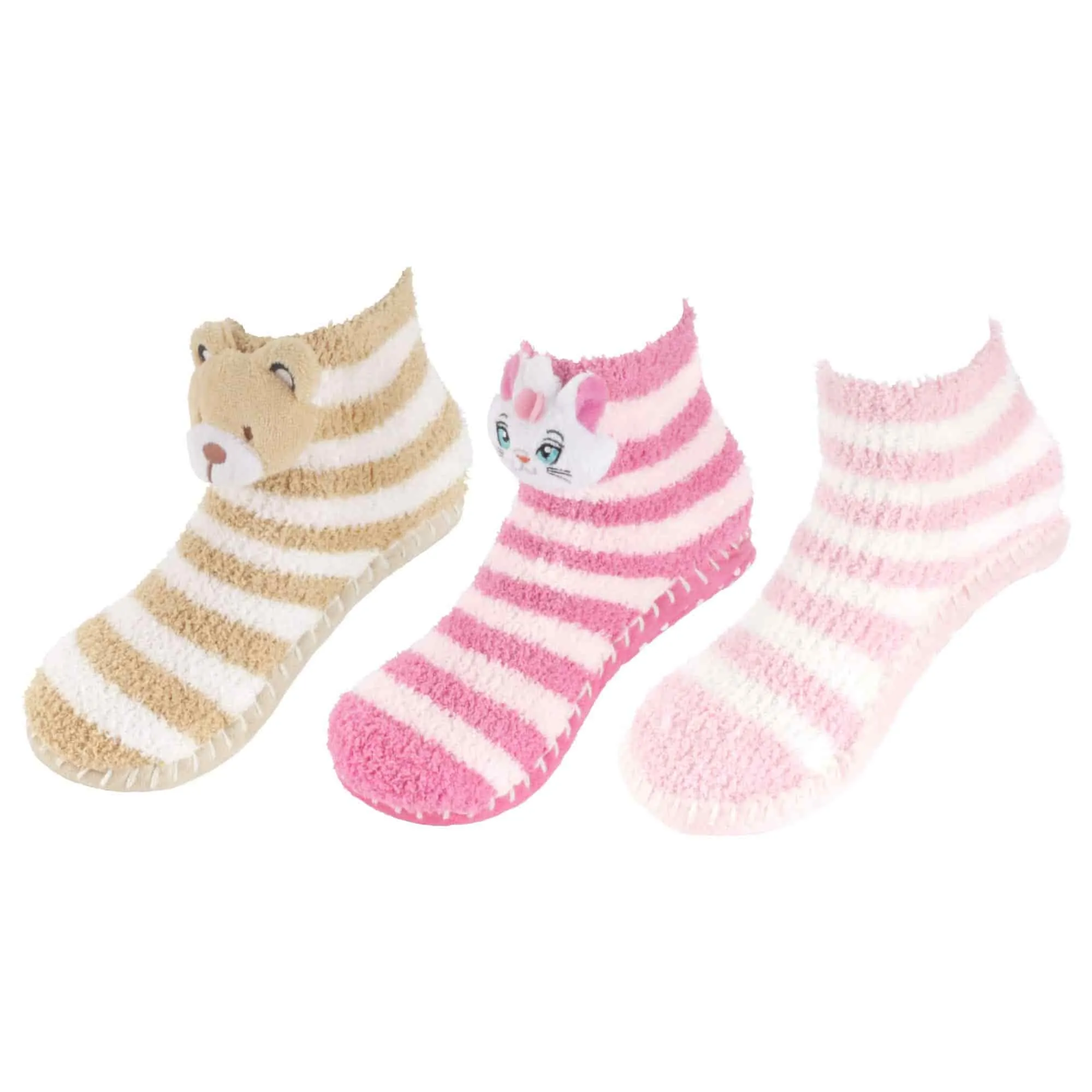 Fuzzy Animal Slippers for Women with Non Slip Slipper Grippers - 3 Pairs