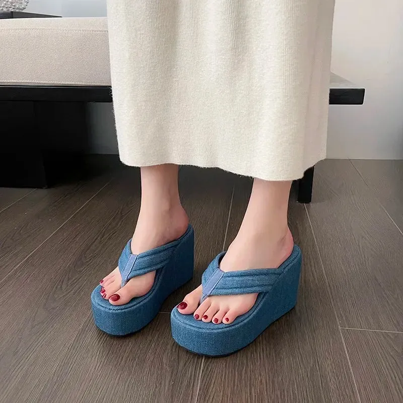 Hnzxzm Blue Denim Wedge Heel Flip Flops for Summer 2024 Internet Famous Vacation Beach Sponge Cake Thick Soled High Heel Slippers