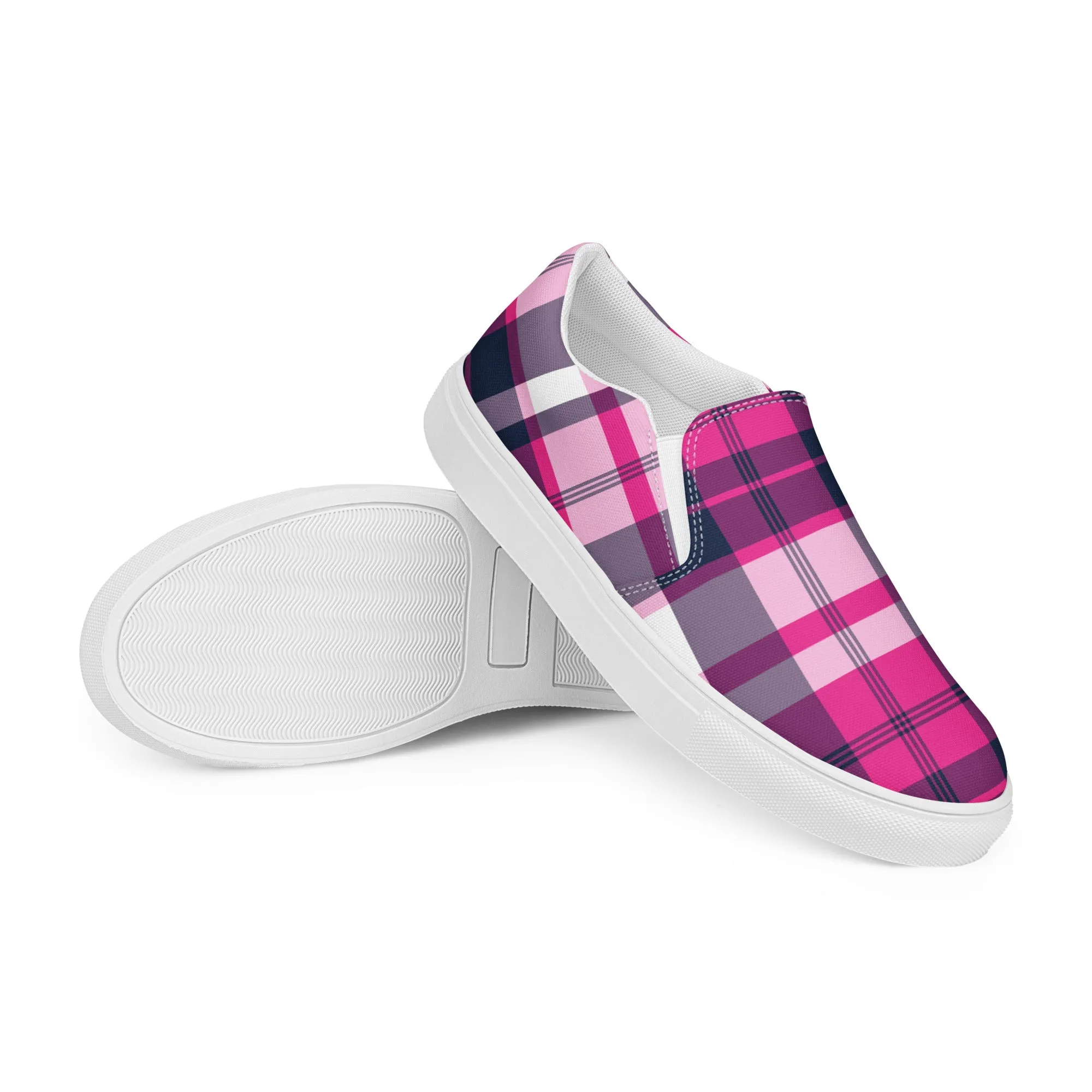 Hot Pink and Navy Blue Preppy Surfer Plaid Men’s Slip On Canvas Shoes