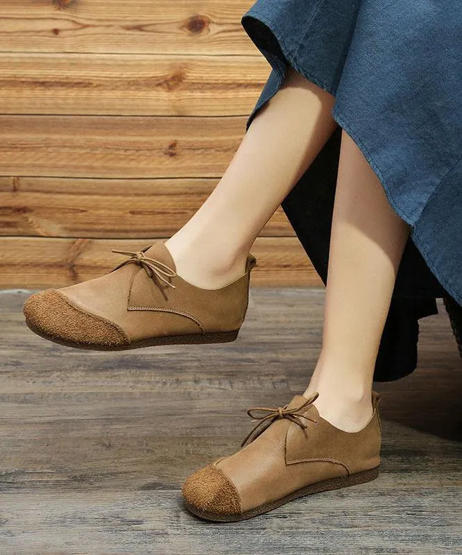 Khaki Genuine Leather Flat Shoes For Women Lace Up Splicing Flat Shoes