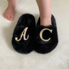 Kids Furry Slides Black