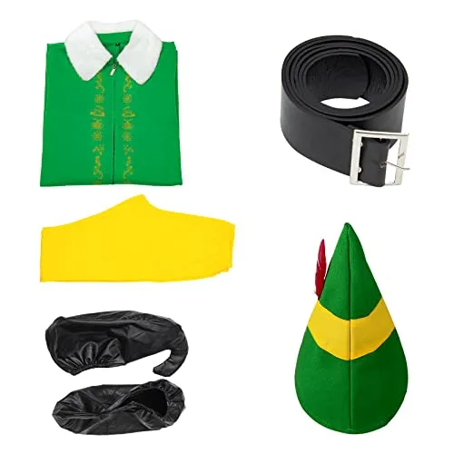 Mens Christmas Elf Costume, Buddy Elf Costume, Christmas Cosplay Buddy, The Elf Costume Coat Pants Hat Belt shoes Full Set Costumes for Men(XL)