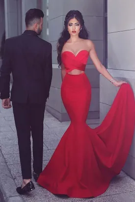 Mermaid Sweetheart Sweep Train Red Satin Prom/Evening Dress  PG566