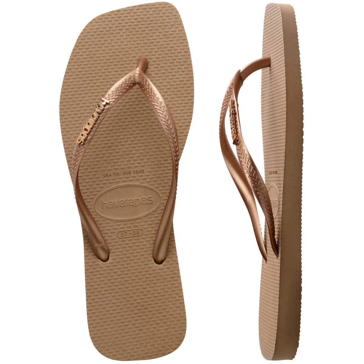 Slim Square Logo Metallic Flip Flops (Rose Gold)