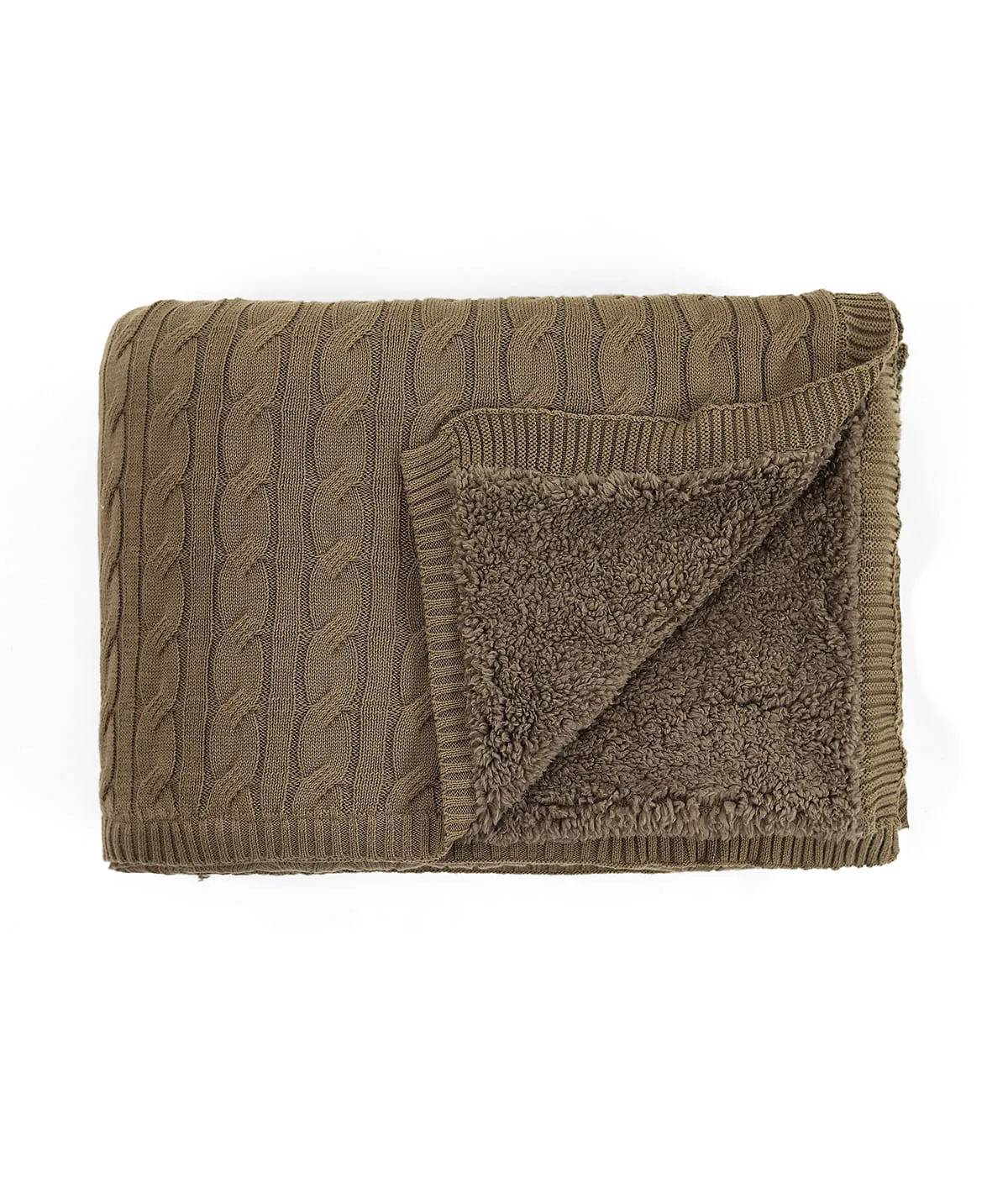 Snake Cable Cotton Knitted Single Bed Sherpa Blanket (Warm Grey)