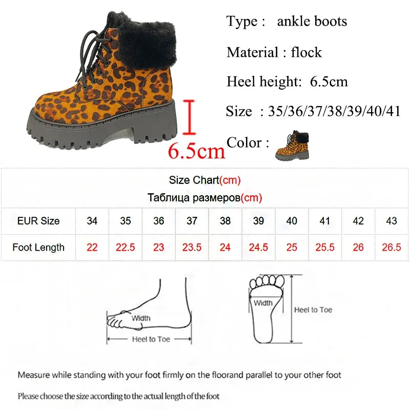 Sohiwoo Leopard Print Fur Ankle Boots Women Fashion Lace Up Platform Combat Boots Woman Winter Warm Plush Short Boats Mujer