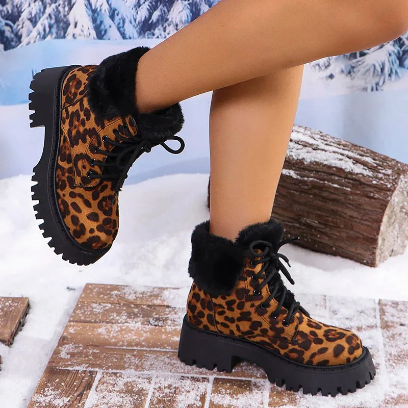 Sohiwoo Leopard Print Fur Ankle Boots Women Fashion Lace Up Platform Combat Boots Woman Winter Warm Plush Short Boats Mujer