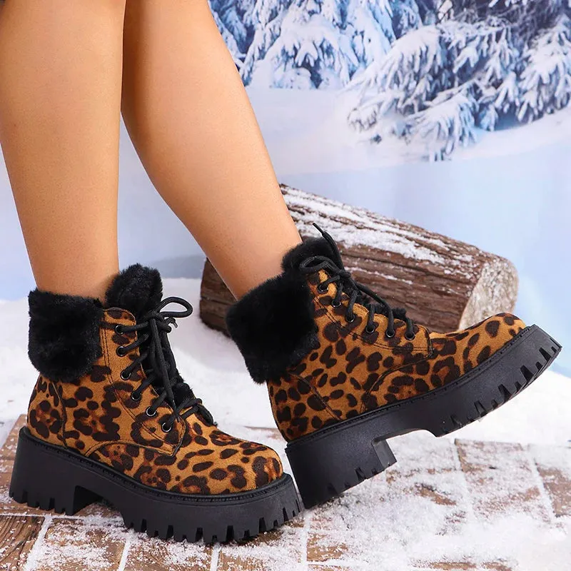 Sohiwoo Leopard Print Fur Ankle Boots Women Fashion Lace Up Platform Combat Boots Woman Winter Warm Plush Short Boats Mujer