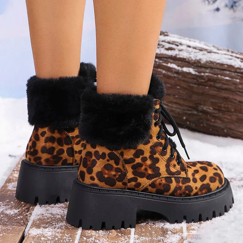 Sohiwoo Leopard Print Fur Ankle Boots Women Fashion Lace Up Platform Combat Boots Woman Winter Warm Plush Short Boats Mujer