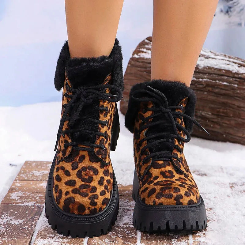 Sohiwoo Leopard Print Fur Ankle Boots Women Fashion Lace Up Platform Combat Boots Woman Winter Warm Plush Short Boats Mujer