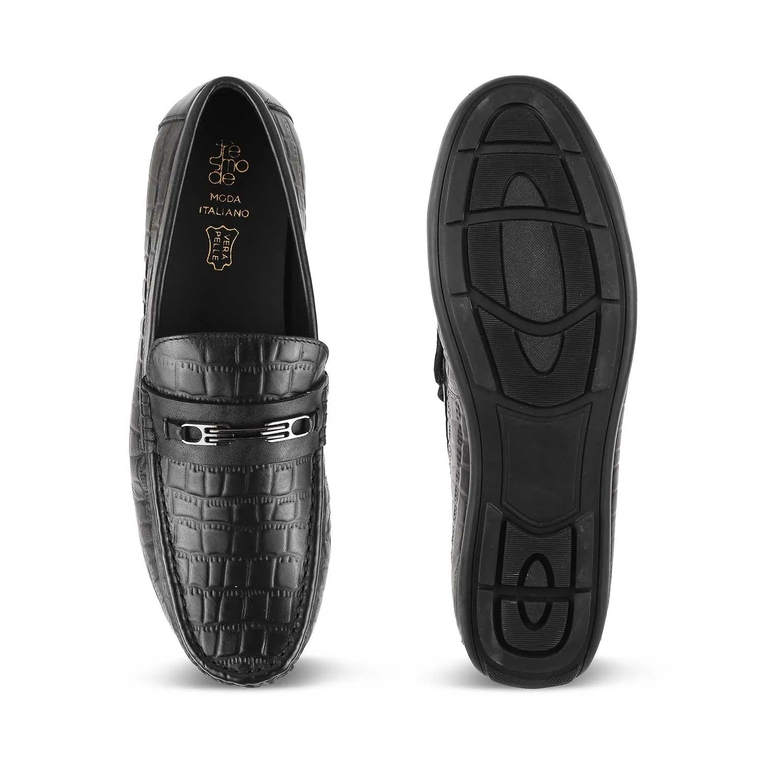 The York Black Men's Leather Driving Loafers Tresmode