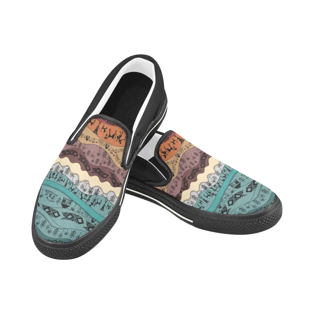 Women's Big Size Hued Waves Tribal Print Slip-on Canvas Shoes