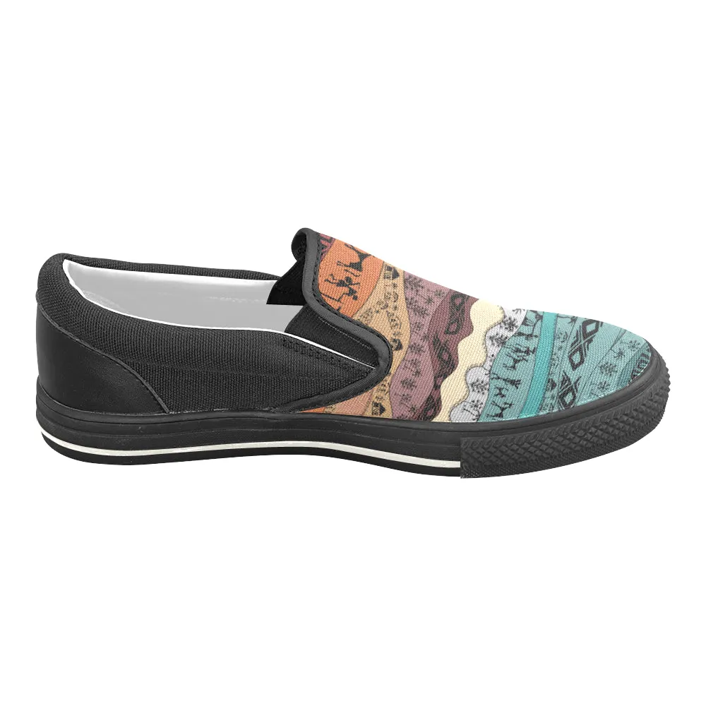 Women's Big Size Hued Waves Tribal Print Slip-on Canvas Shoes