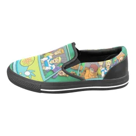 Women's Scooby-Doo Mystery Machine Gang Cartoon Print Canvas Slip-on Shoes (Black)