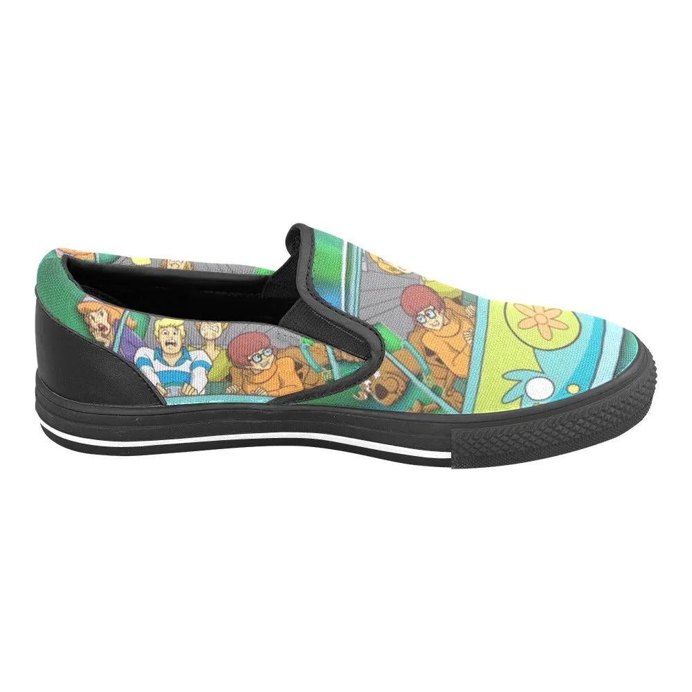 Women's Scooby-Doo Mystery Machine Gang Cartoon Print Canvas Slip-on Shoes (Black)