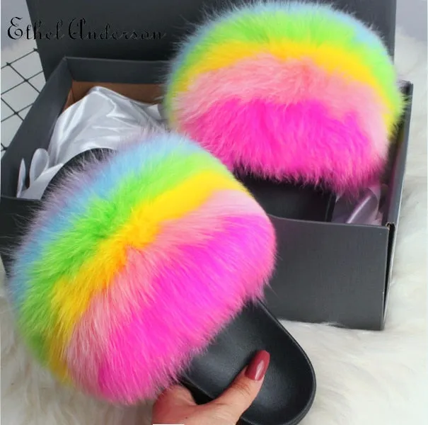 xiangtuibao Real Fox Raccoon Fur Slippers for Women Fur Slides Flip Flops Beach Plush Fluffy Furry Designer Slippers Sandal