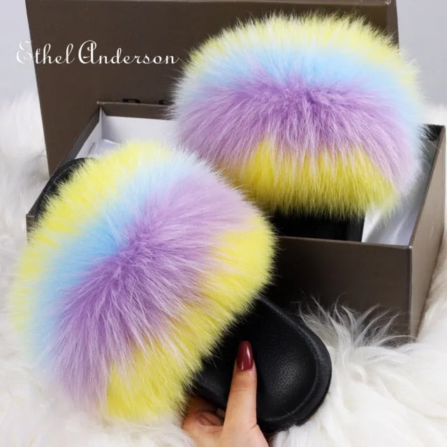 xiangtuibao Real Fox Raccoon Fur Slippers for Women Fur Slides Flip Flops Beach Plush Fluffy Furry Designer Slippers Sandal