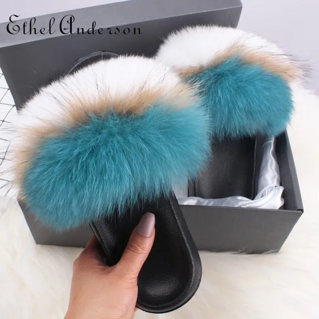 xiangtuibao Real Fox Raccoon Fur Slippers for Women Fur Slides Flip Flops Beach Plush Fluffy Furry Designer Slippers Sandal