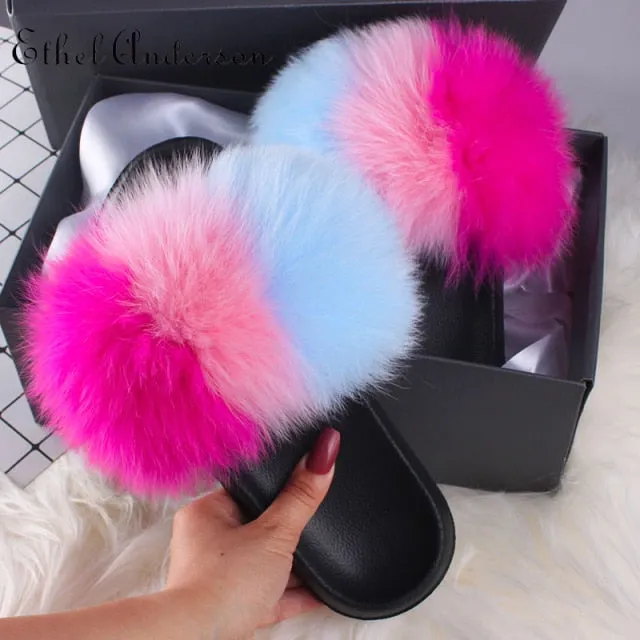 xiangtuibao Real Fox Raccoon Fur Slippers for Women Fur Slides Flip Flops Beach Plush Fluffy Furry Designer Slippers Sandal