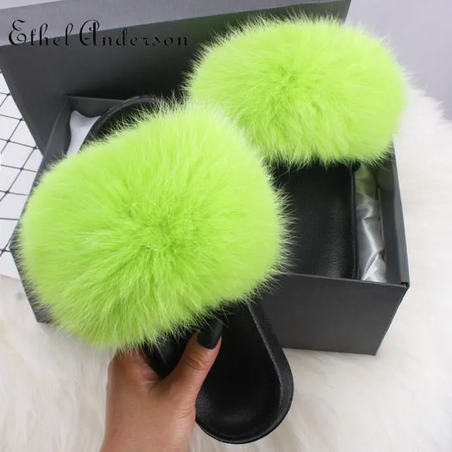 xiangtuibao Real Fox Raccoon Fur Slippers for Women Fur Slides Flip Flops Beach Plush Fluffy Furry Designer Slippers Sandal